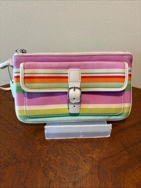 Coach Hampton wristlet  clutch Multicolor Striped  violet green / white leather